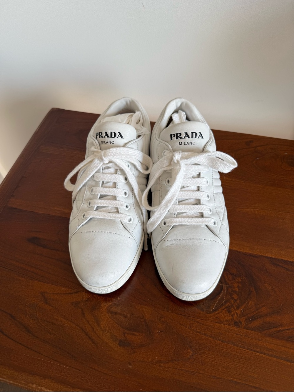 PRADA White Leather Quilted Low-Top Sneakers Size 37.5